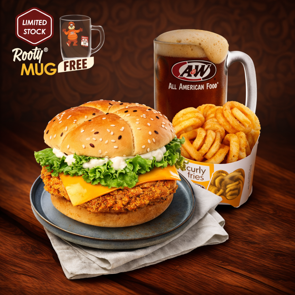 NEW! Curry Chicken Sandwich, Fries, RB & FREE! AWniversary Mug