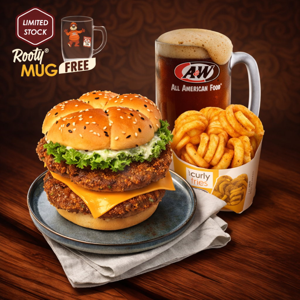 NEW! Curry Double Beef Burger, Fries, RB & FREE! AWniversary Mug